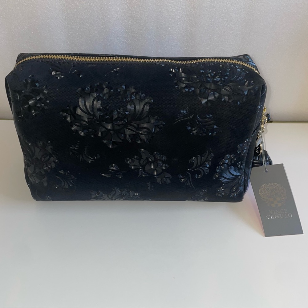 NWT Vince Camuto Black Floral Embossed Cosmetic Bag with Gold Hardware - Picture 5 of 11